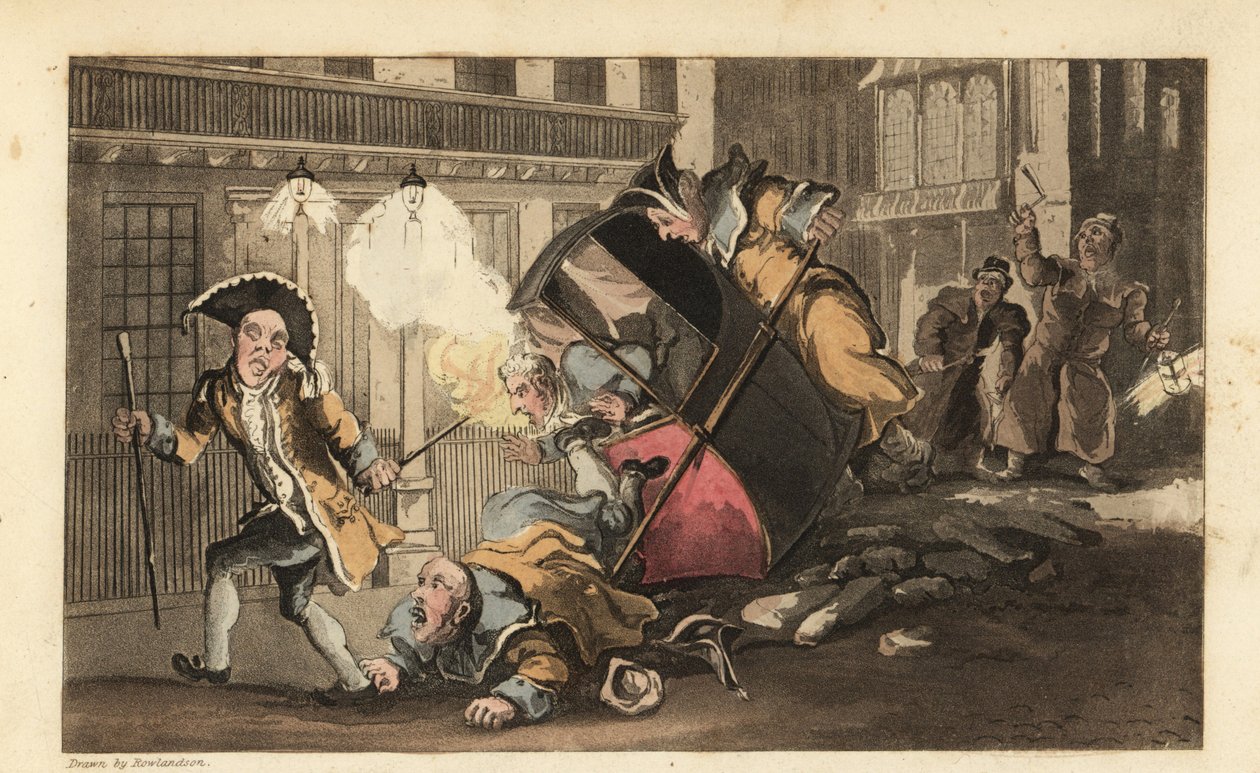 Johnny wird aus einem Sänftensessel geworfen, als die Träger über einen Steinhaufen auf der Straße stürzen. Nachtwächter mit Laternen und Rasseln kommen an. Handkolorierte Kupferstichgravur von Thomas Rowlandson aus William Combes The History of Johnny Qua von Thomas Rowlandson