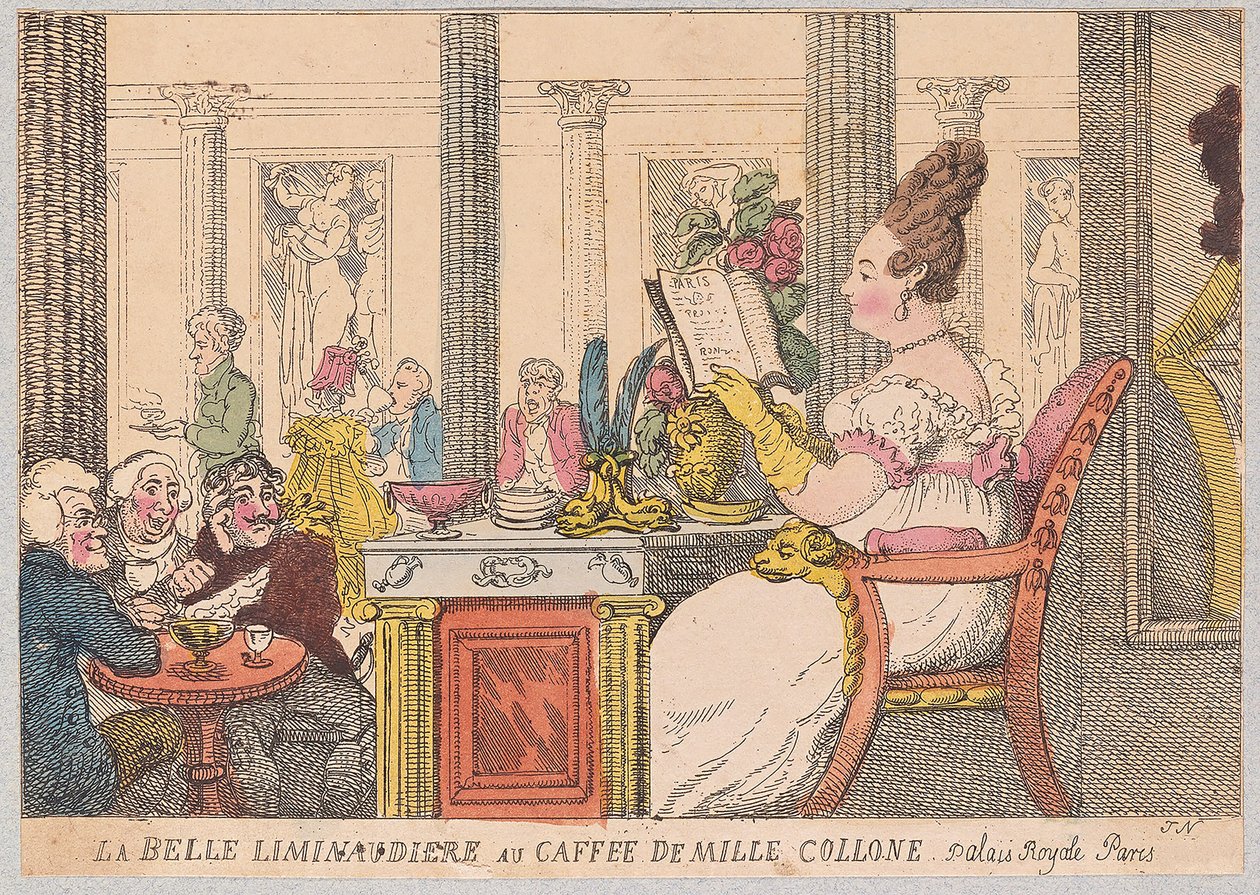 La Belle Liminaudiere at Caffee de Mille Collone、Palais Royal、Paris、pub。 1814（手塗りの彫刻） 作： トーマス・ローランドソン
