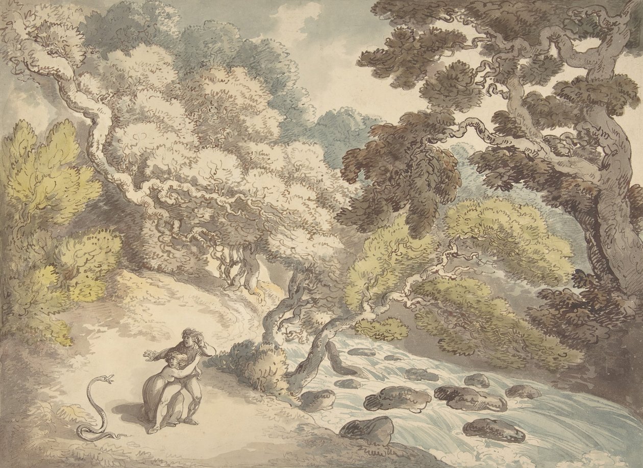 急流と蛇に怯えた岸辺の夫婦のいる風景、1775-1827年。 作： トーマス・ローランドソン