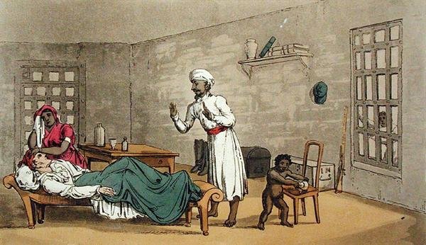 The Grand Master, or Adventures of Qui Hi? in Hindostan」より「医者の助手の最後の訪問」。William Combe (1741-1823)著、Thomas Tegg, London発行の「A Hudibras Poem in Eight Cantos by Quiz」より。 作： トーマス・ローランドソン