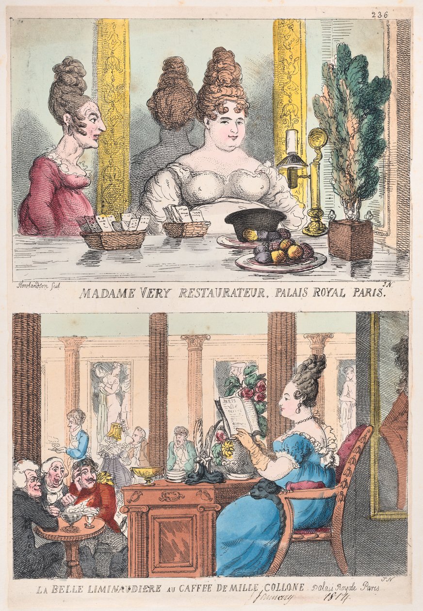 マダム・ベリー・レストラン、パレ・ロワイヤル・パリ、カフェ・ド・ミルのラ・ベル・リミノディエール...、1814年。 作： トーマス・ローランドソン