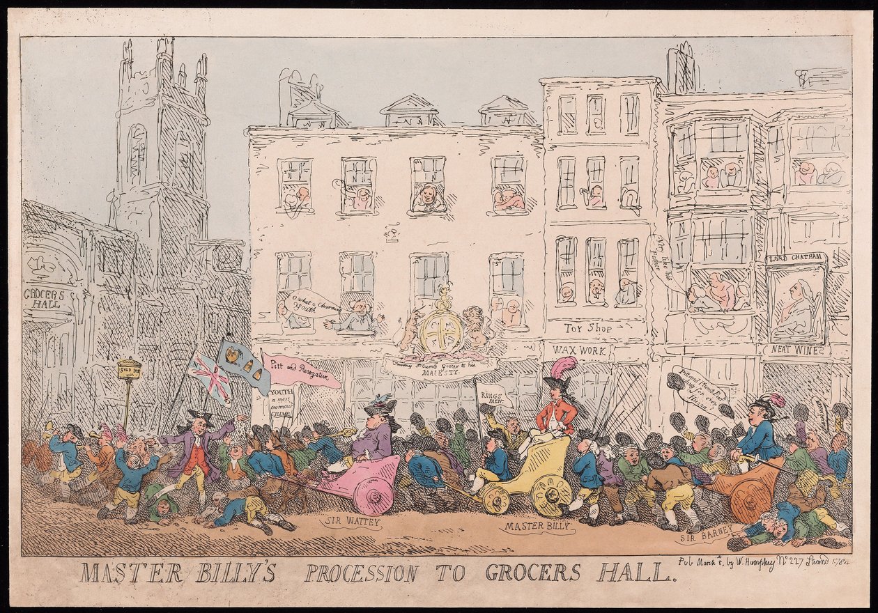 マスタービリー行列から食料品店、パブ。 1784年（手描きの彫刻） 作： トーマス・ローランドソン