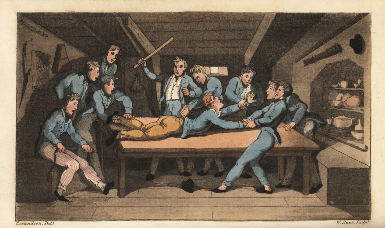 Marinebestrafung des Cobbing (Prügeln) für das Ruinieren einer Mahlzeit. Johnny wird mit einem Stock über dem Messtisch geschlagen, weil er Salz zum Pudding hinzugefügt hat. Handkolorierter Kupferstich von W. Read nach einer Illustration von Thomas Rowland von Thomas Rowlandson