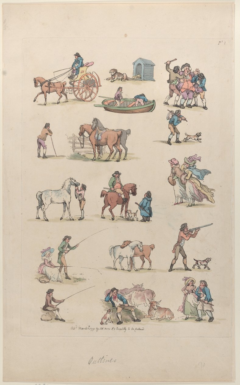 Plate 1, Outlines of Figures, Landscapes and Cattle... for the Use of Learners, Ma..., March 8, 1790. 作： トーマス・ローランドソン