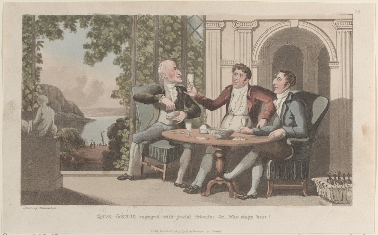 1822 年 1 月 1 日、The History o... より、Quae Genus Engaged with Jovial Friends、Or-Who Sings Best 作： トーマス・ローランドソン