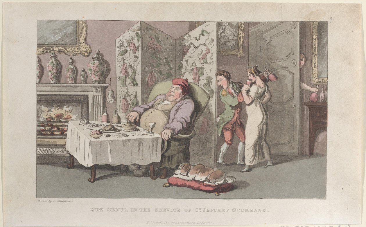 1821 年 8 月 1 日、The History of Johnny からの、Sr. Jeffery Gourmand に仕える Quae Genus。 作： トーマス・ローランドソン