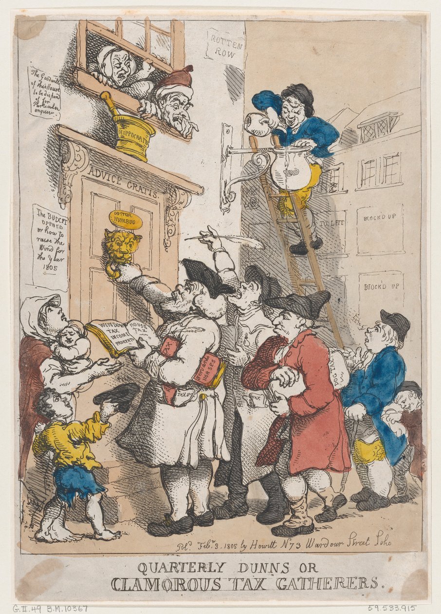 四半期ごとの Dunns、または Clamorous Tax Gatherers、1805 年 2 月 3 日、1805 年 2 月 3 日。 作： トーマス・ローランドソン