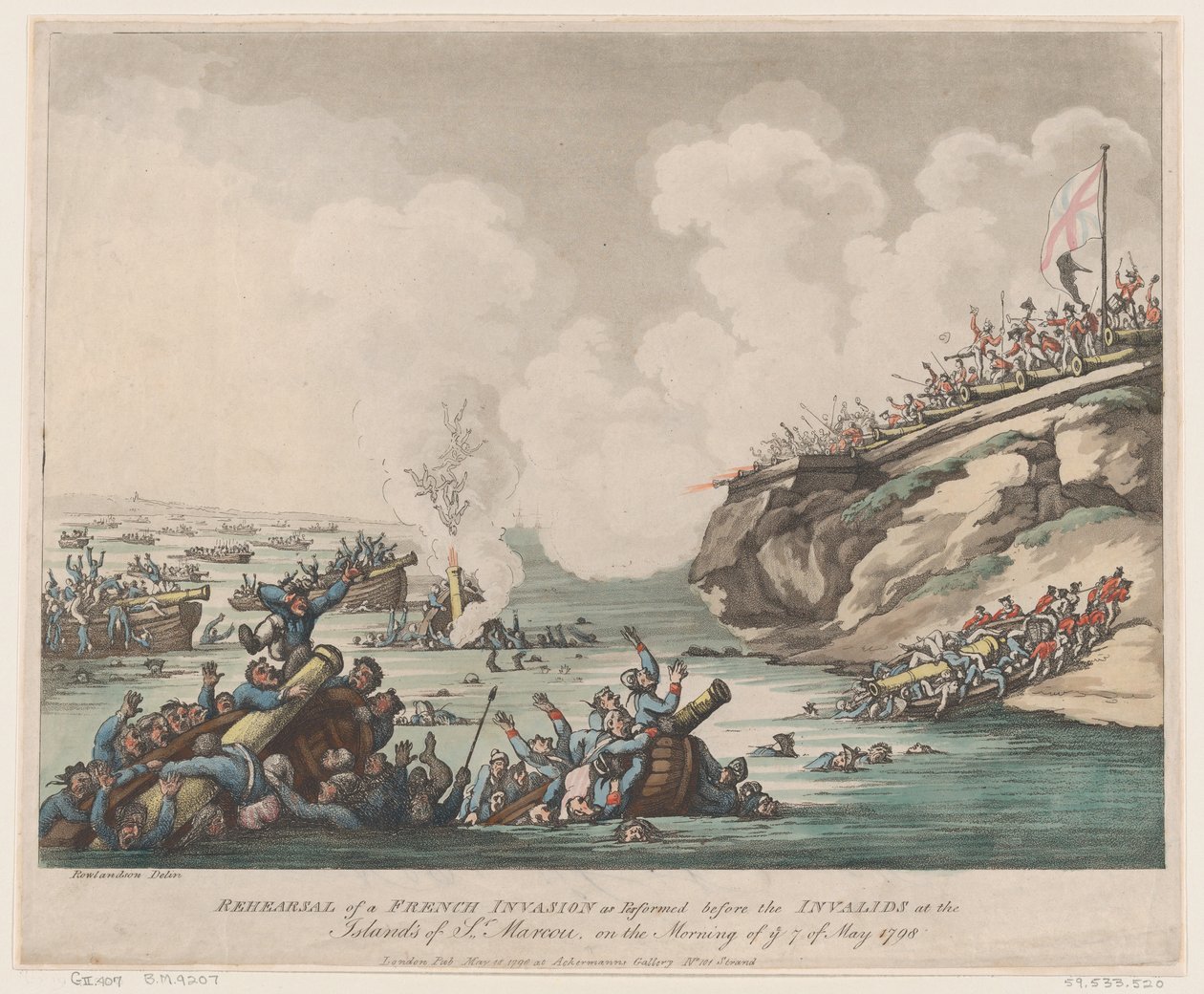 1798 年 5 月 18 日、... の島々で傷病兵の前で行われたフランス侵攻のリハーサル。 作： トーマス・ローランドソン