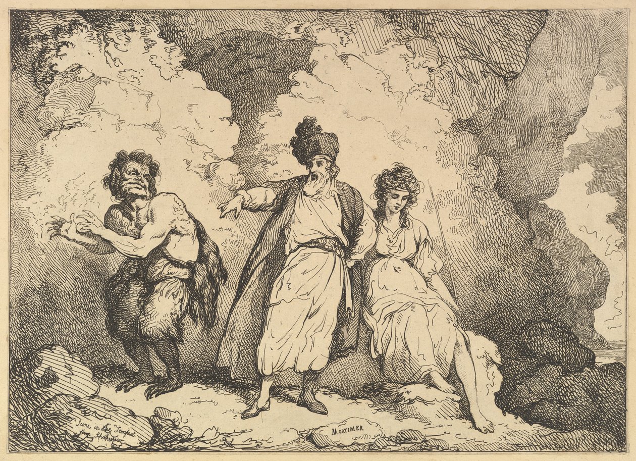 テンペスト』のシーン。Caliban, Prospero and Miranda, [1783-87] reissued 1801. 作： トーマス・ローランドソン