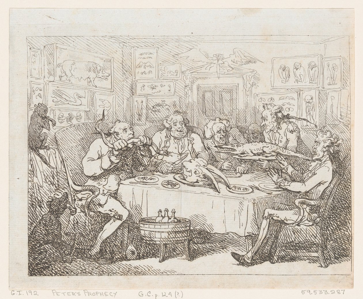 サー・ジョセフ・バンクスがワニを食べようとしている「ザ・フィッシュ・サパー」、1788年以降、1788年以降。 作： トーマス・ローランドソン
