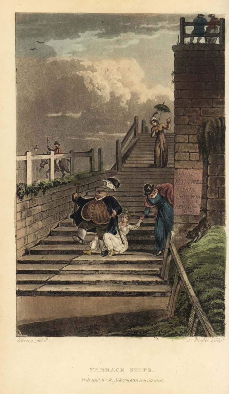 テラスの階段：観光客がクリフテラスの階段を転げ落ちる。Poetical Sketches of Scarborough, Ackermann, LondonのJ.Greenによるスケッチの後、Thomas Rowlandsonによる手彩色銅版画、J.C. Stadlerによるアクアチント。 作： トーマス・ローランドソン