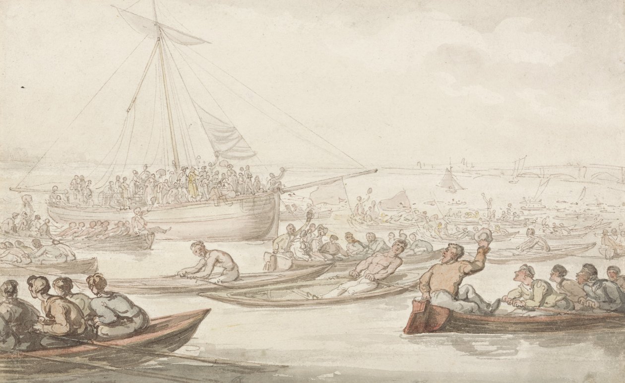 ドジェッツコートアンドバッジの年次スカルレース、c.1805-10（紙に鉛筆、ペン、インク、水彩） 作： トーマス・ローランドソン