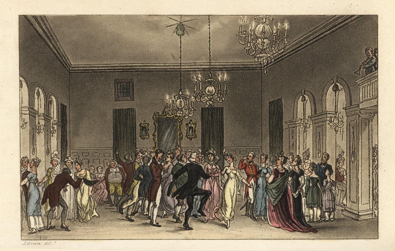 The Ball Room: Scarborough Assembly Roomsで踊るおしゃれな観光客。踊る紳士は2s、お茶を飲む婦人は1sを支払う。Poetical Sketches』のJ. GreenのスケッチにThomas Rowlandsonが描いた手彩色の銅版画。 作： トーマス・ローランドソン