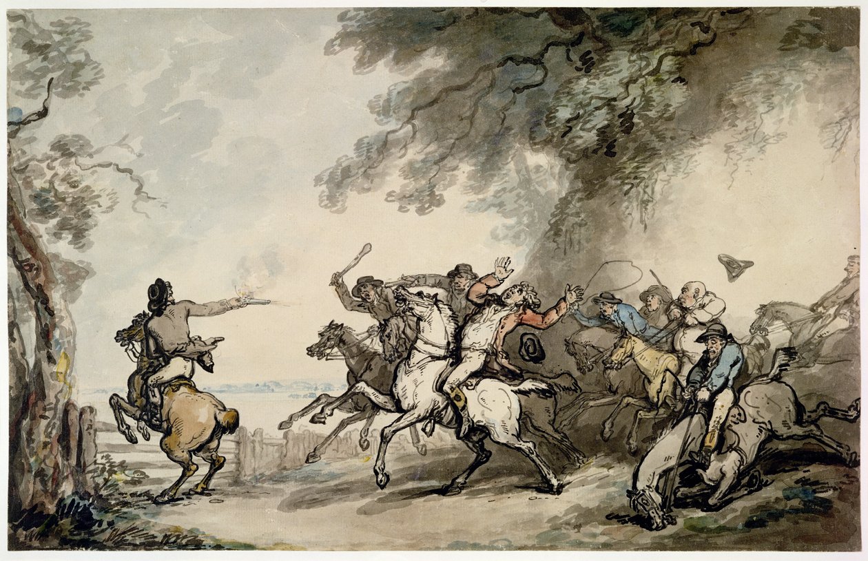 ハイウェイマンの追跡、1790年頃（紙にペン、インク、トイレ、鉛筆） 作： トーマス・ローランドソン