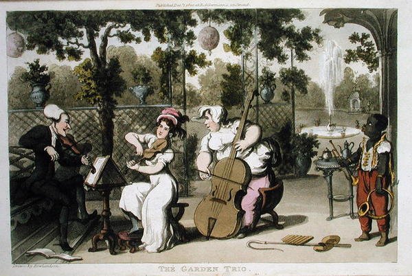 1812年に出版されたWilliam Combeの「The Tour of Dr Syntax in search of the Picturesque」から「The Garden Trio」（アクアチント）。 作： トーマス・ローランドソン