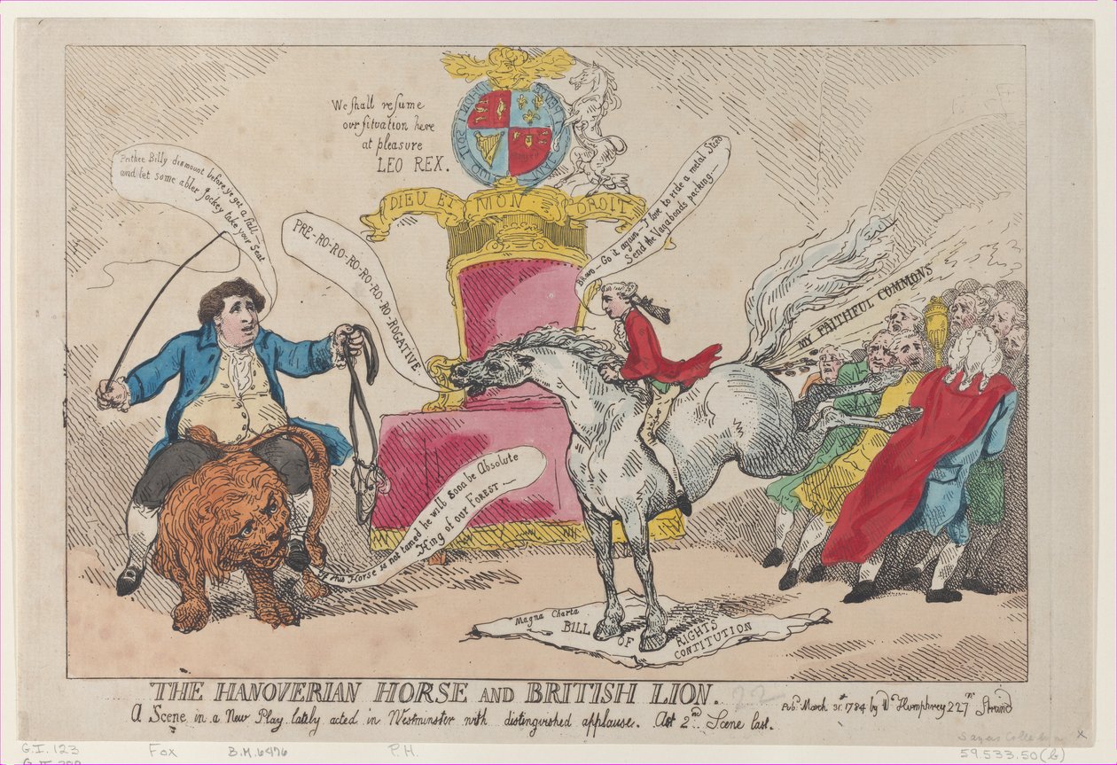 ハノーバー馬と英国ライオン、1784 年 3 月 31 日、1784 年 3 月 31 日。 作： トーマス・ローランドソン