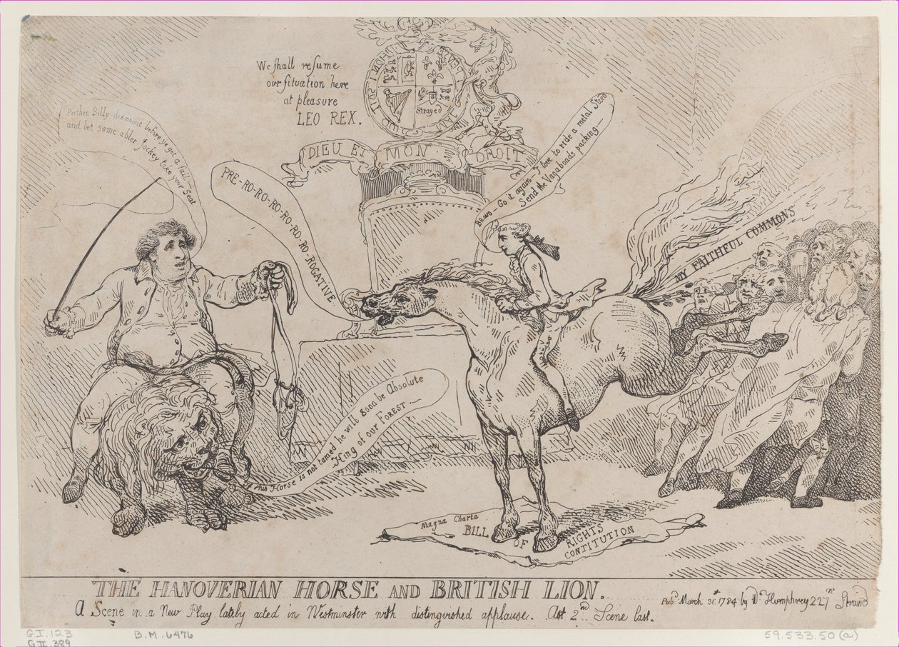 ハノーバー馬と英国ライオン、1784 年 3 月 31 日、1784 年 3 月 31 日。 作： トーマス・ローランドソン