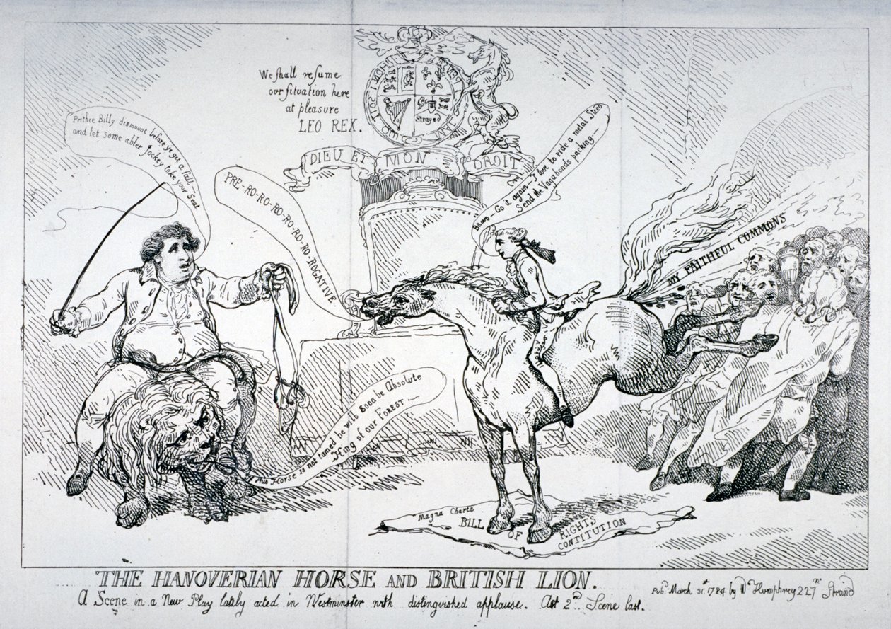 「ハノーバーの馬とイギリスのライオン」、1784 作： トーマス・ローランドソン