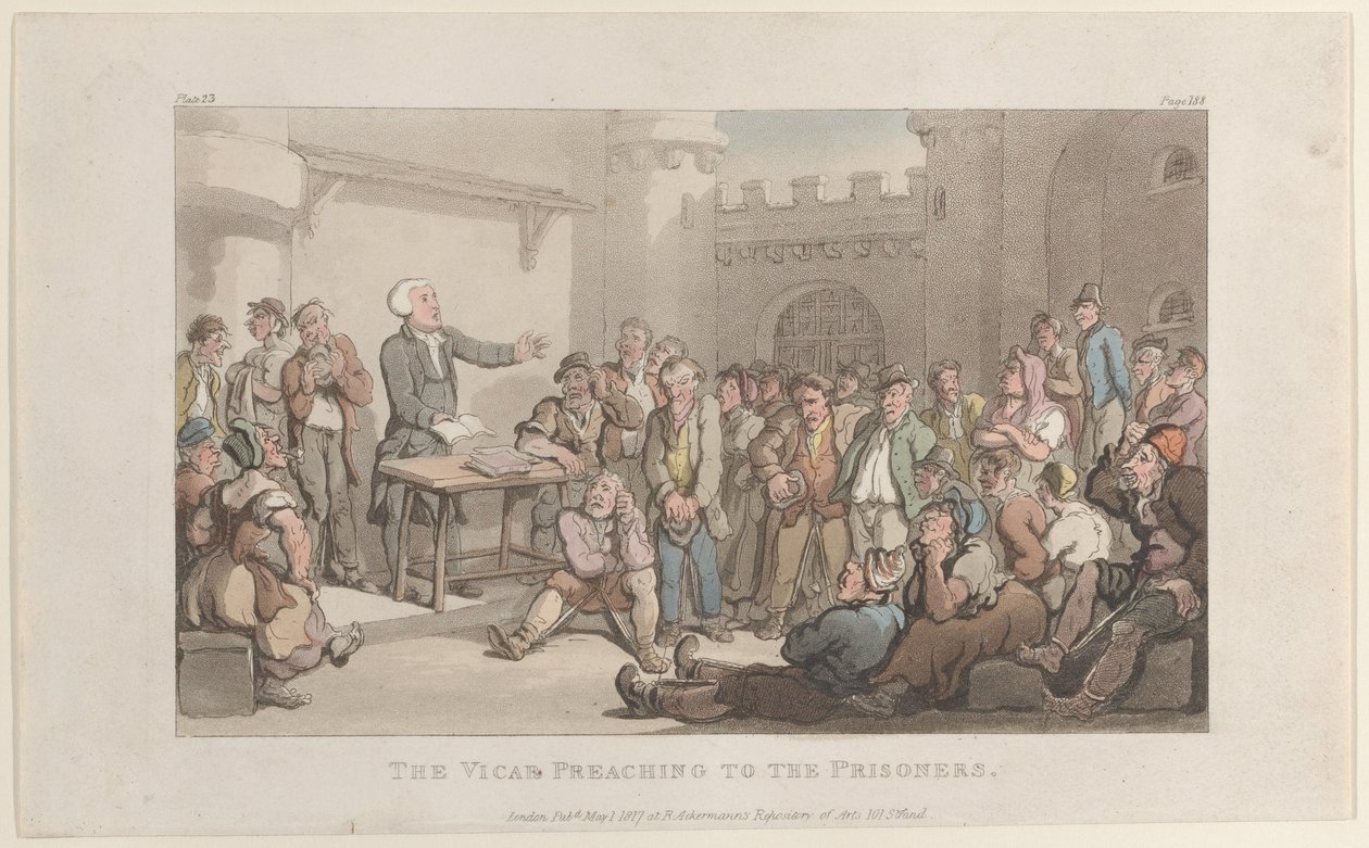囚人に説教する牧師、1817 年 5 月 1 日、ウェイクフィールドの牧師から。、1817 年 5 月 1 日。 作： トーマス・ローランドソン