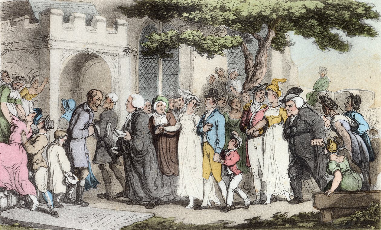 ウェディング、パブ、オリバーゴールドスミスの「ウェイクフィールドの牧師」のイラスト。アッカーマン、1817年（手彩色のアクアチント） 作： トーマス・ローランドソン