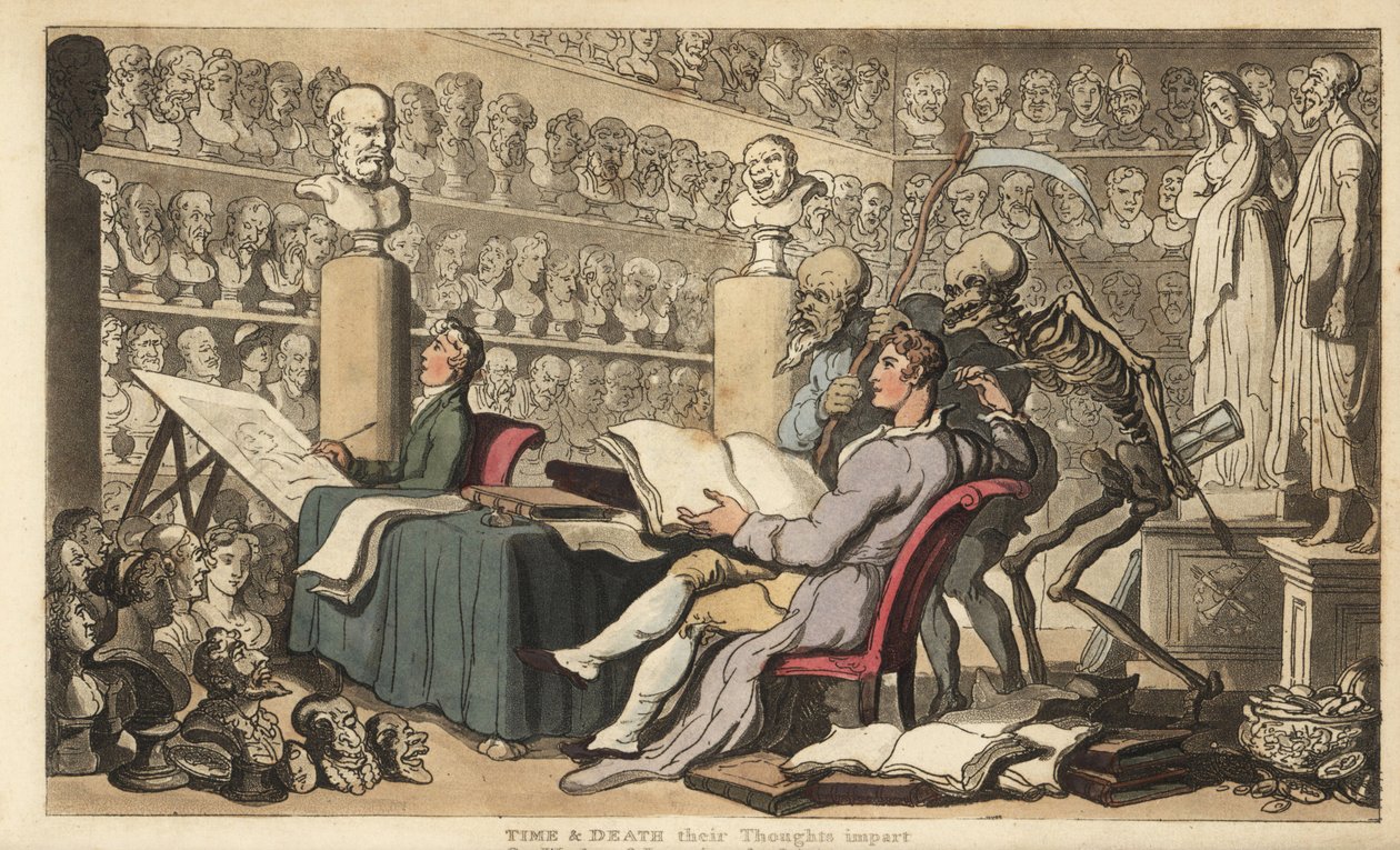 Die Figuren der Zeit mit einer Sense und des Todes mit seinem Speer und seiner Sanduhr stehen hinter einem Künstler mit Federkiel, der in einem Atelier voller klassischer Büsten und Skulpturen zeichnet. Handkolorierte Kupferplatte gezeichnet und graviert v von Thomas Rowlandson