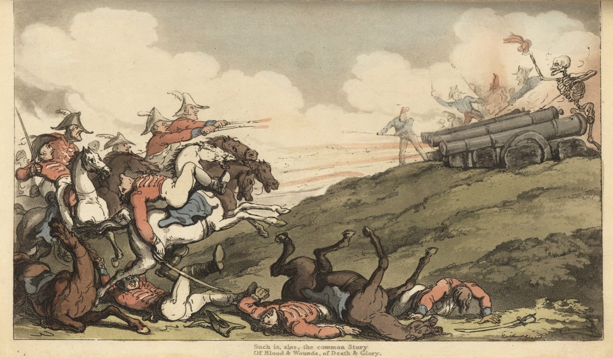 デスの骸骨がイギリスの騎兵隊の突撃に大砲の弾幕を張る。トーマス・ローランドソンが描いた手彩色の銅版画（『イングランドの死の舞踏』より）、Ackermann, London 作： トーマス・ローランドソン