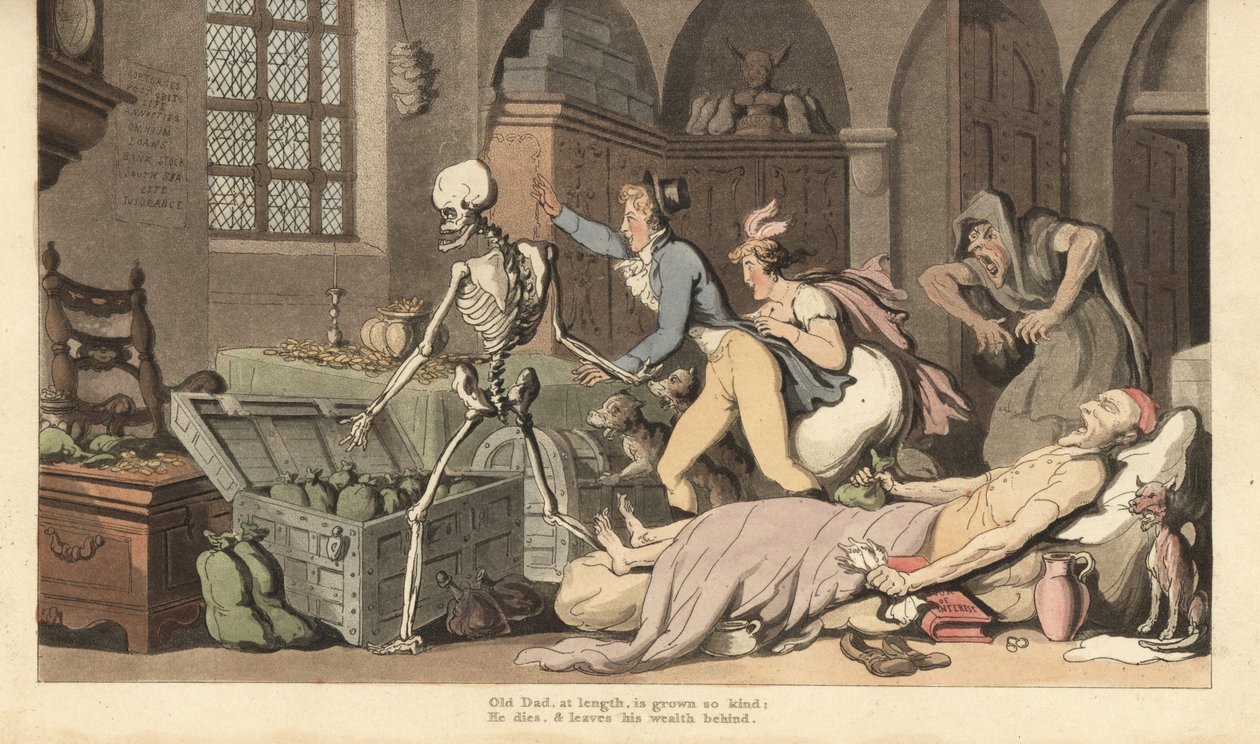 死の骸骨は、貪欲な子供たちを、遺書と金の入った袋を握りしめて
