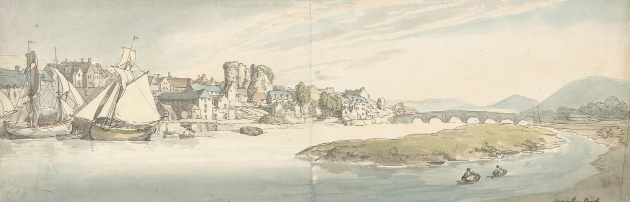 川の上の町の眺め カーウィサム城 1775年～1827年 作： トーマス・ローランドソン