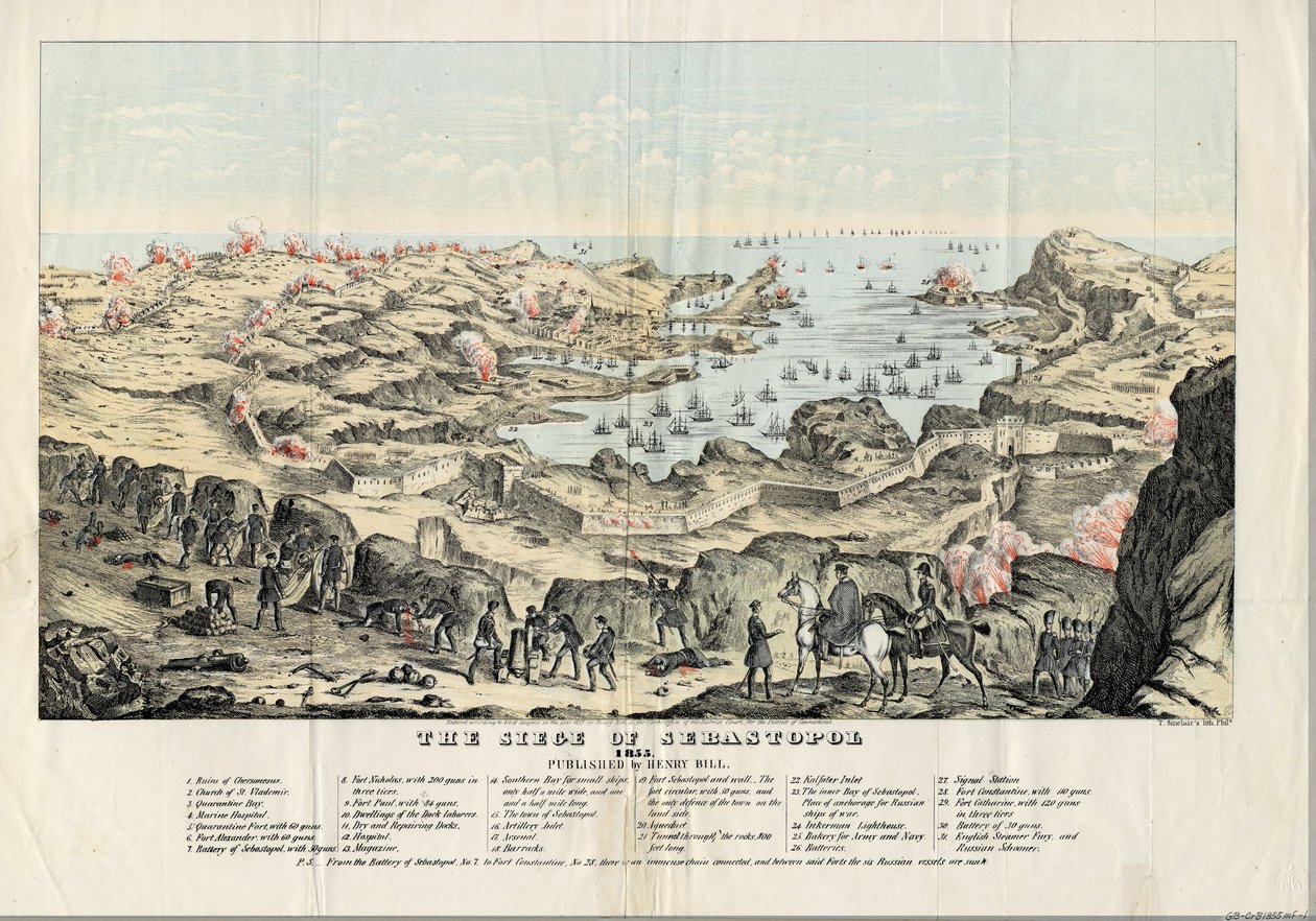 Le siege de Sebastopol (1854-1855) - The Siege of Sevastopol - Sinclair, Thomas S. (ca. 1805-1881) - 1855 - Lithograph, watercolour - 30,5x43,6 - Private Collection 作： トーマス・S・シンクレア