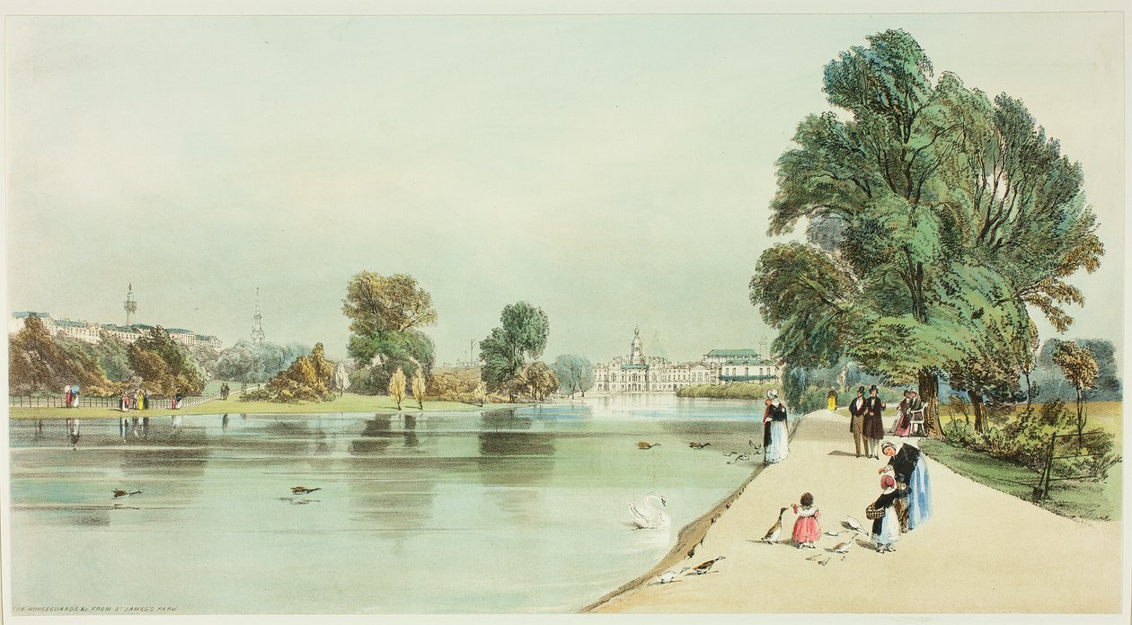 セント・ジェームズ・パークからのホースガード（『Original Views of London as It Is』より14枚目 作： トーマス・ショッター・ボーイズ