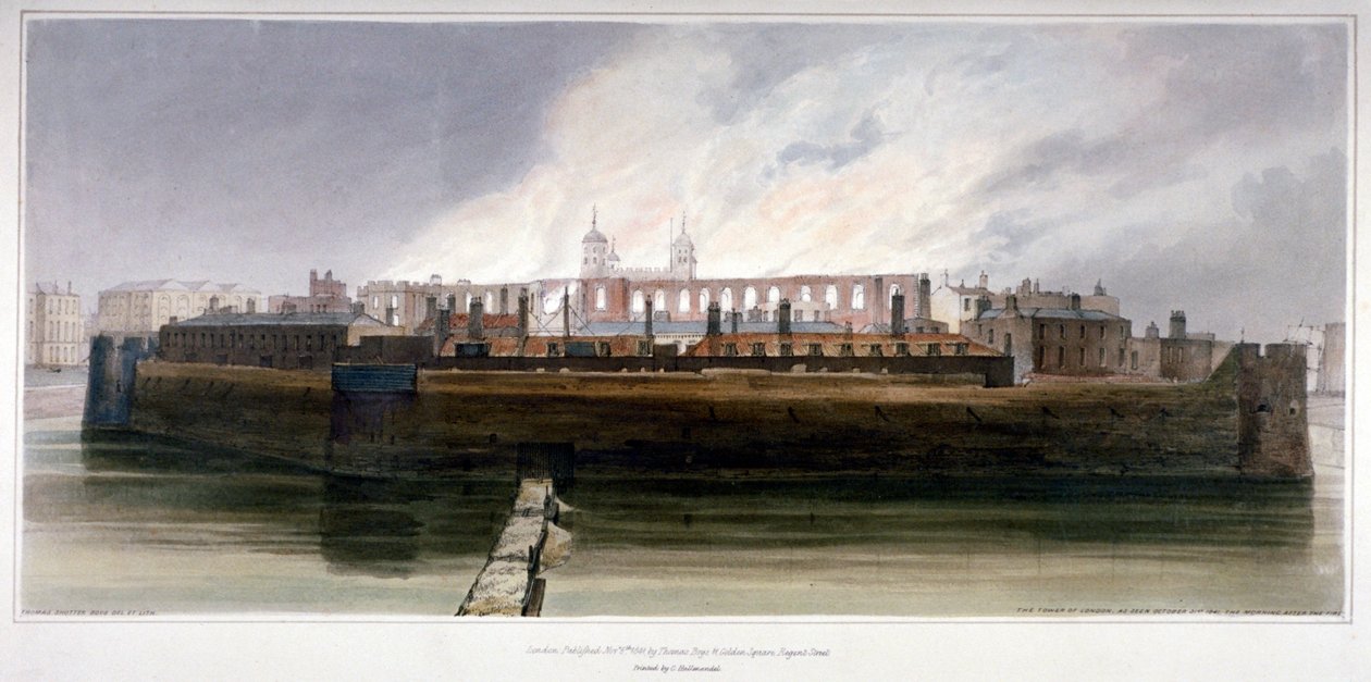 1841 年 10 月 30 日の武器庫火災の翌朝のロンドン塔 作： トーマス・ショッター・ボーイズ