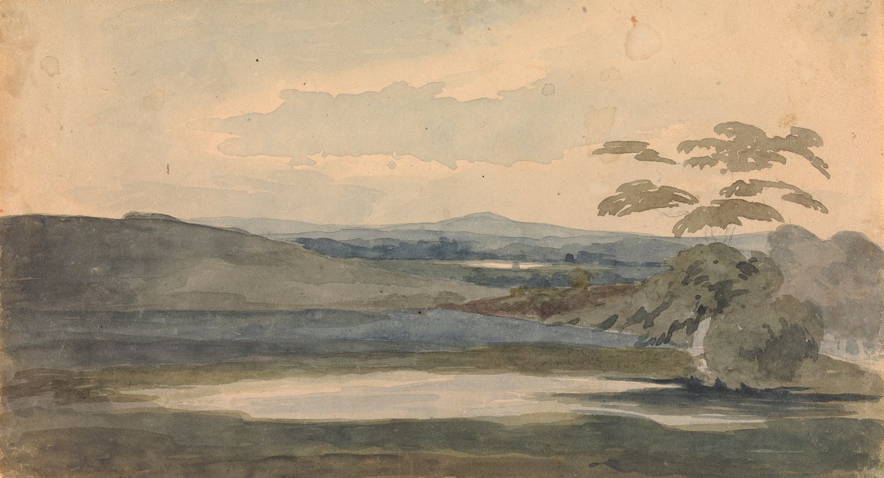 Paisagem com árvores e montanhas, lago em primeiro plano 作： トマス・サリー