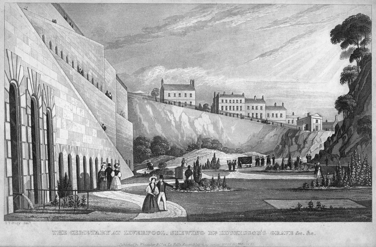 1831年、リバプールの墓地、ハスキソンの墓などを刈り取った。 作： トーマス・タルボット・ベリー