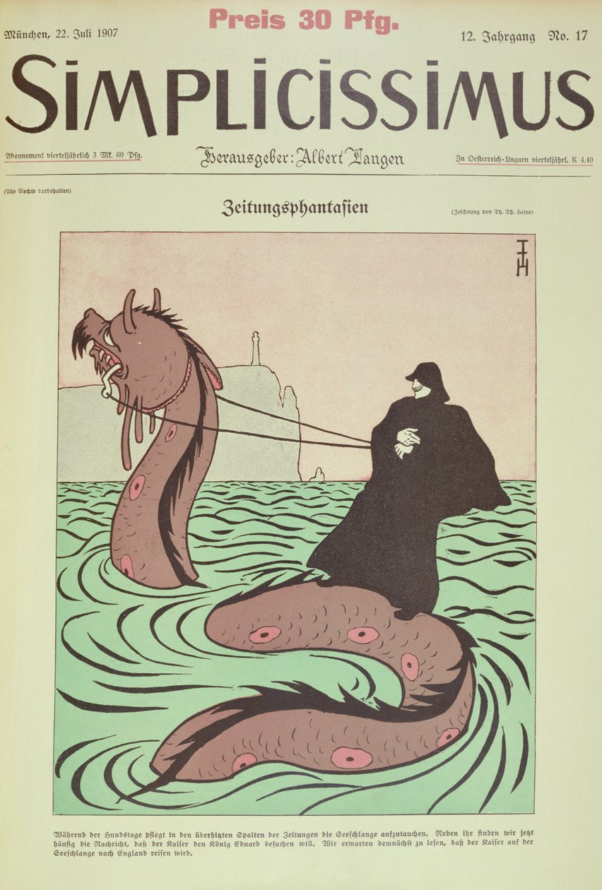 Kaiser cavalga a Serpente do Mar para a Inglaterra, capa Ilustração de Simplicissimus 作： トーマス・セオドア・ハイネ