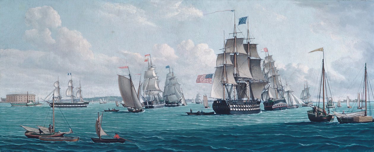 U.S. Ship Franklin, with a View of the Bay of New York, 1820s or 1830s. 作： トマス・トンプソン