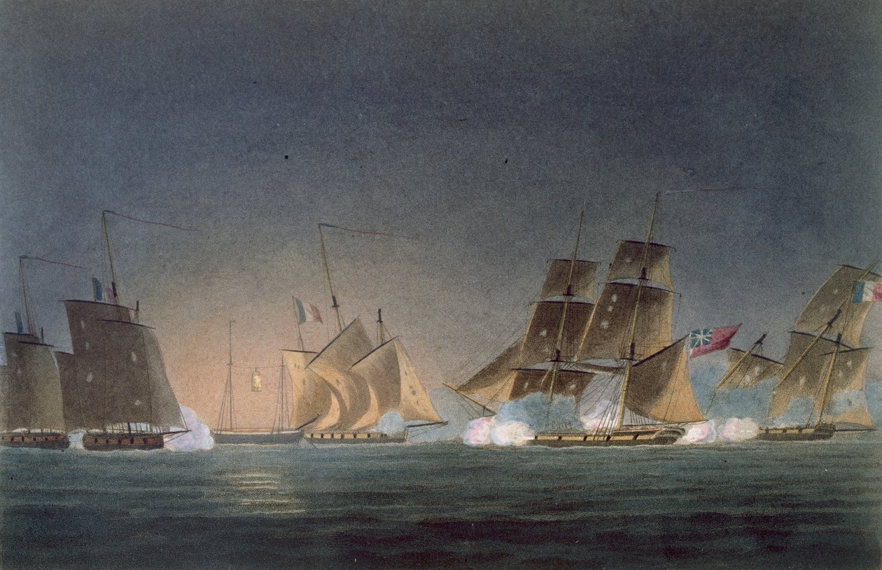 1820年に出版されたJ.ラルフによる「イギリスの海軍の年代学」のためにJ.ベイリーによって彫刻された4人のフランスの民間人を雇うHMSリナルド 作： トーマスウィットコム