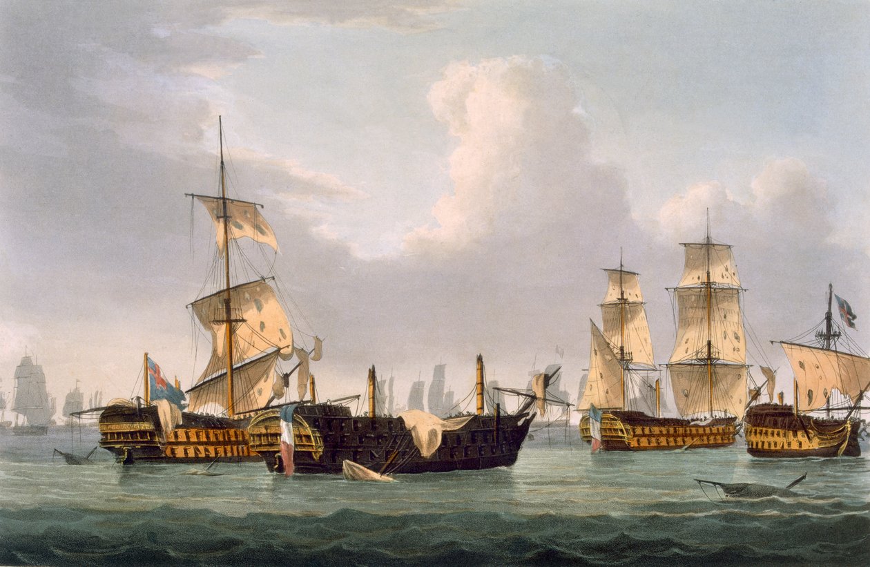 ホーサム卿の行動、1795年3月14日、J。ジェンキンスの「海軍の功績」のためにトーマスサザーランドによって彫刻された、1816年（色の彫刻） 作： トーマスウィットコム