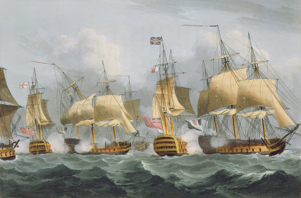 クイーンシャーロットのハウ卿、1794年5月29日、J。ジェンキンスの「海軍の功績」のためにトーマスサザーランドによって彫刻された、1816年（カラー彫刻） 作： トーマスウィットコム