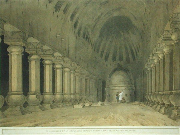 サルセット島の発掘されたヒンドゥー寺院の内部、「Oriental Scenery:1800年に出版された「Oriental Scenery: Twenty Four Views in Hindoostan」のプレート63（カラーリトグラフ）。 作： トーマスとウィリアム・ダニエル