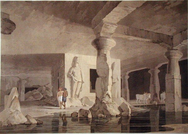 エレファンタ神殿の一部、1800年に出版された「Oriental Scenery」のプレートVIII（カラー・アクアチント） 作： トーマスとウィリアム・ダニエル