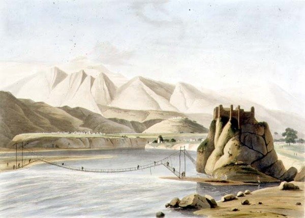 The Rope Bridge at Sirinagur（シリナグルのロープ・ブリッジ）、『Oriental Scenery（東洋の風景）』の第6部からプレートXXIII。1805年（アクアチント）。 作： トーマスとウィリアム・ダニエル