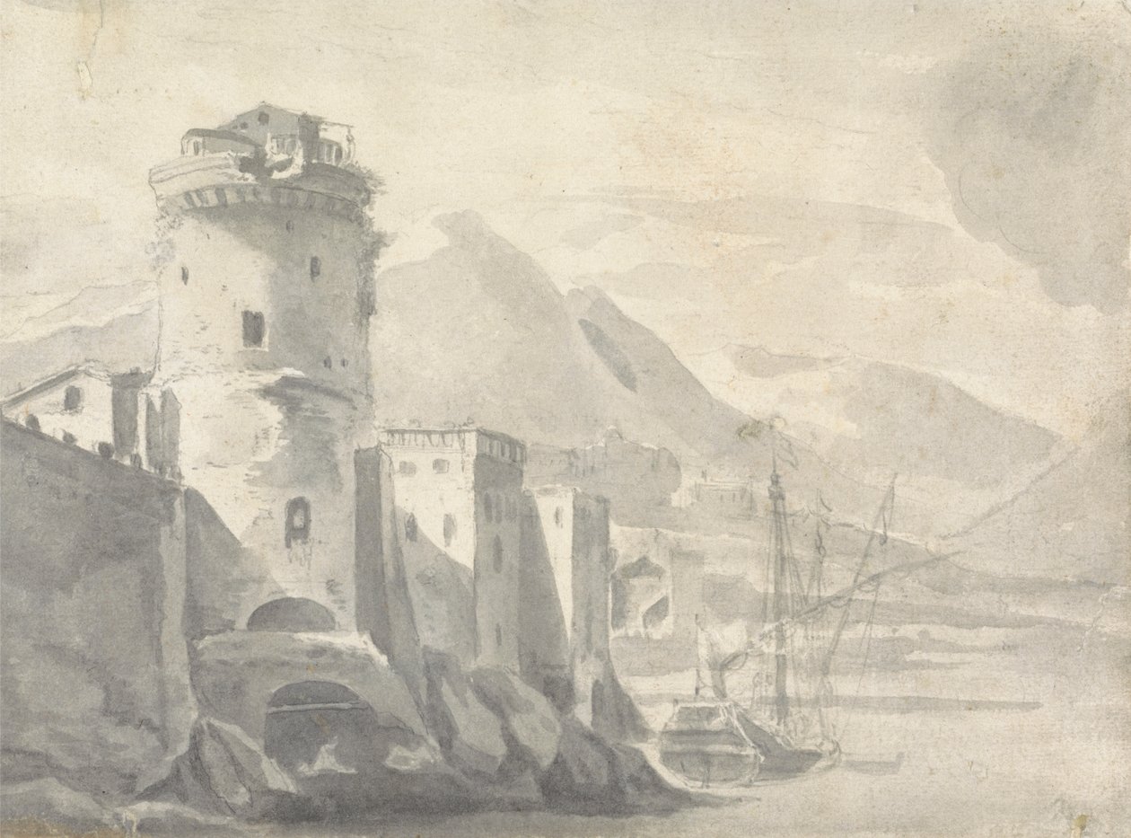 Fortified Buildings rising Steeply from a River Bank (in Italy ?) with Boat centre and distant Mountains   1437503   ja       japanese Successfully Translated  Original: Fowl Skeleton, Lateral View (Outline drawing of the skeleton prepared for the key figu 作： トーマス・ウィック