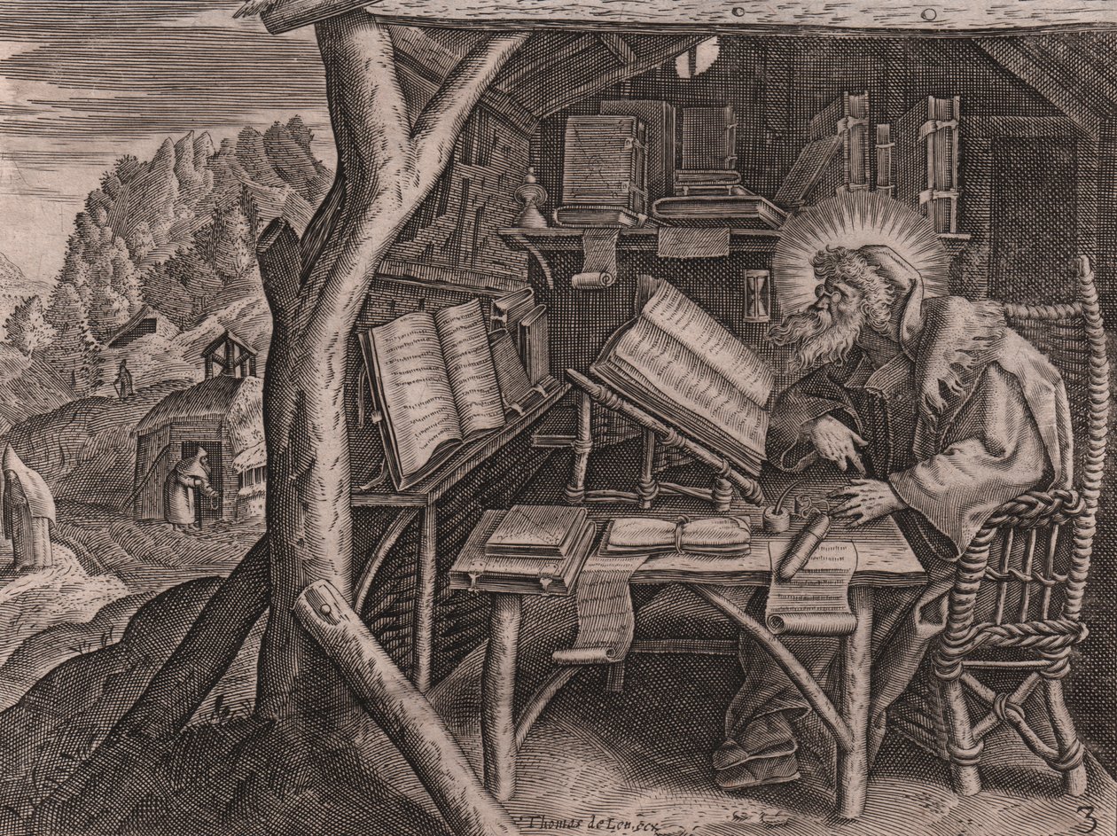 勉強に没頭する聖エバグリウス・ポンティコス Thomas de Lieu（1560-1612）のエッチングとビュラン 作： トーマス・デ・ルー
