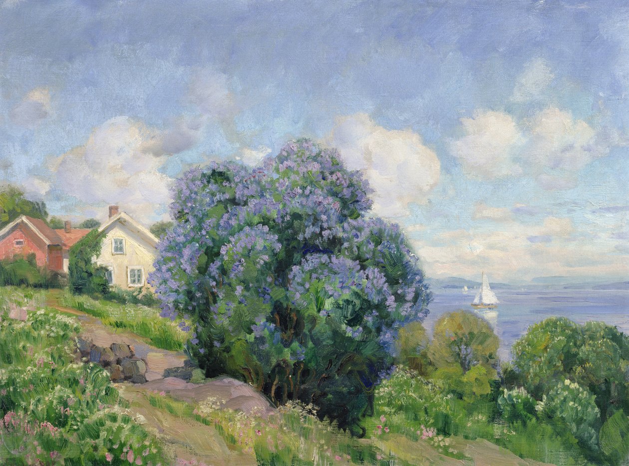 ライラックの茂み、家、帆船のある夏の風景（キャンバスに油彩） 作： トーロルフホルムボー