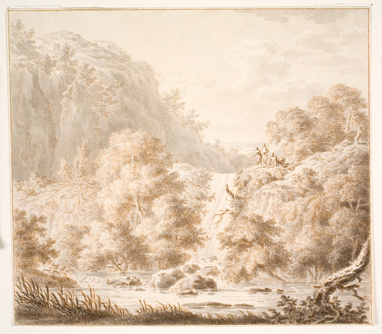木々と滝のある山の風景、そして3人の人物 作： Thorsten Elias Hjaltelin