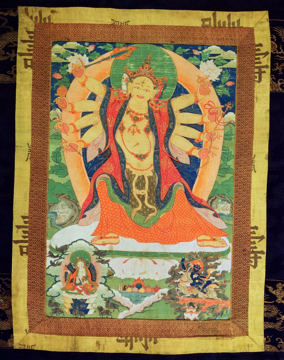 女性のダルマパラ、おそらくLhamoo-so-sor-dang-ma、子供の女神、1750〜1850年（紙と絹）を描いたタンカの絵 作： チベットの学校