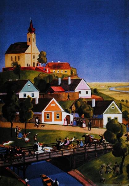 ハンガリーの典型的な村、観光パンフレットのイラスト、1930〜40年頃（カラーリトグラフ 作： Tibor Polya