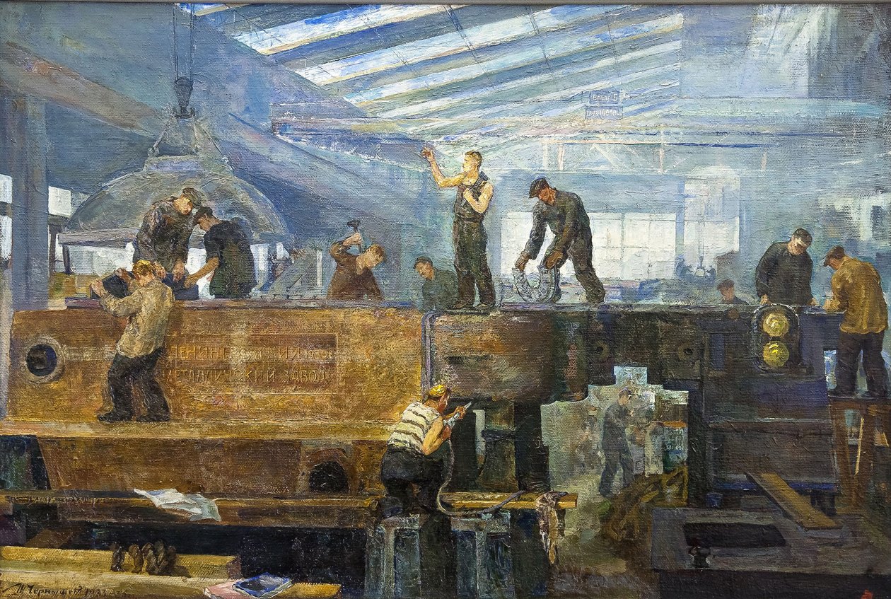 Le plan quinquennal - Tikhon Pavlovich (1882-1942) の Chernyshev によるタービンの設置。 キャンバスに油彩、サイズ : 75x110 作： Tikhon Pavlovich Chernyshev