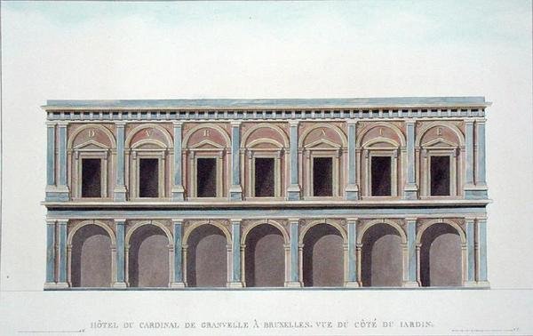 ブリュッセル、グランヴェル枢機卿（1517-86）の邸宅、庭園からの眺め、ピエール・ジャック・ゴエッヘビュールの「Choix des Monuments, Edifices et Maisons les plus remarquables du Royaume des Pays-Bas」（1827年発行）より（アクアチント）（189226も参照 作： ティルマン・フランソワ（後）