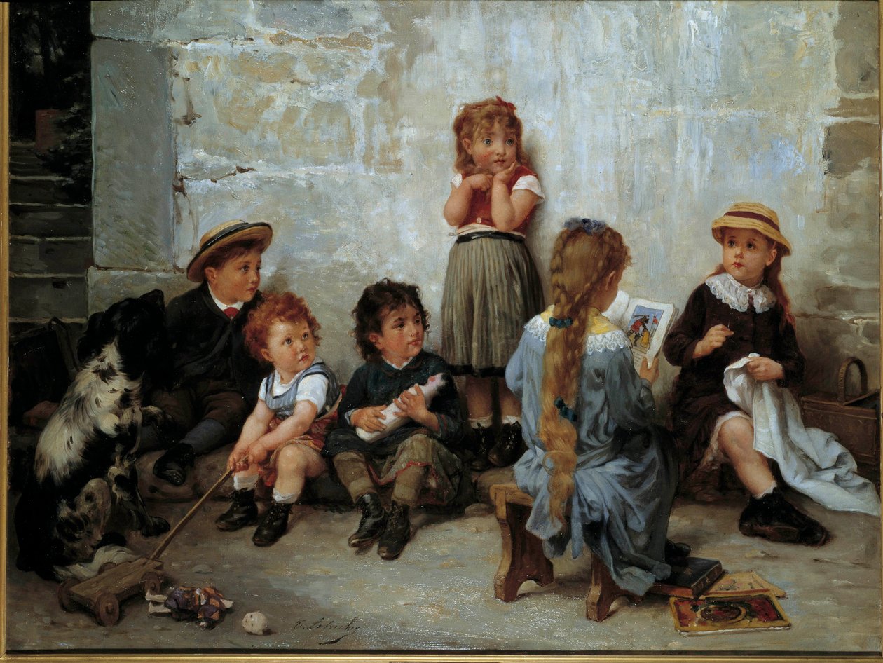 The thrilling passage 本を聴く子供たち。ティモレオン・ロブリション（1831-1914）の絵画 19世紀個人蔵 作： ティモレオン＝マリー・ロブリション